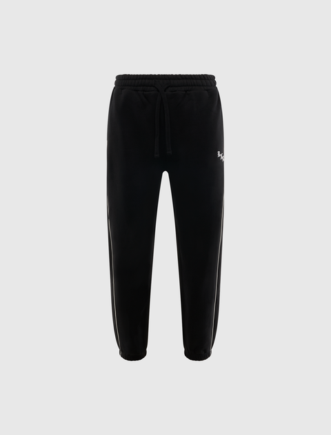 Black men's streetwear jogger pants with side piping and drawstring waist