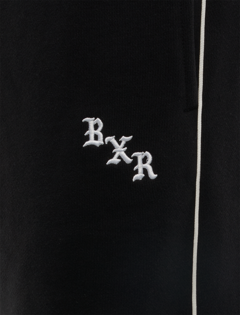 Black streetwear pants with white piping and BXRR embroidered logo detail
