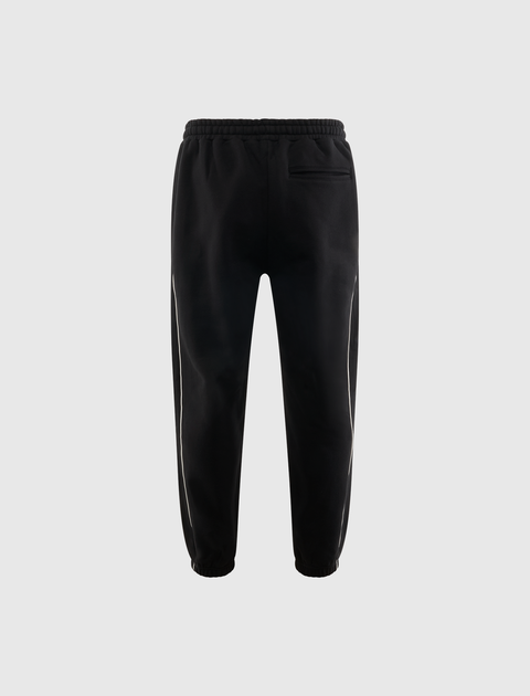 Black men's streetwear jogger pants with white side piping and elastic cuffs, rear view