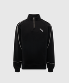 Black quarter-zip streetwear sweatshirt with white piping and small chest logo
