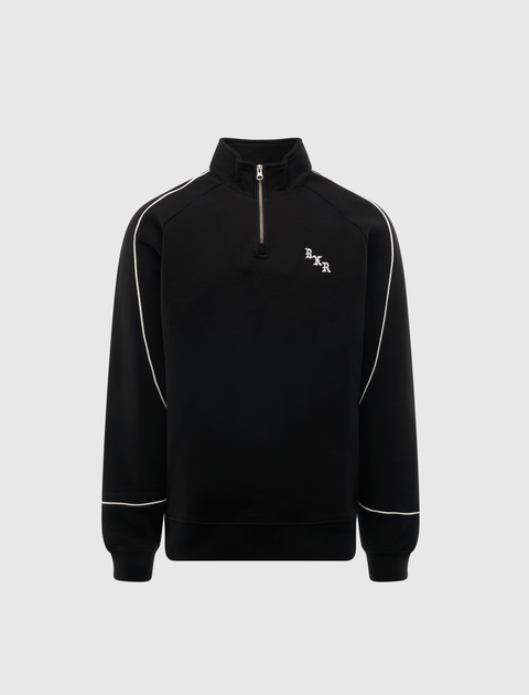 Black quarter-zip streetwear sweatshirt with white piping and small chest logo