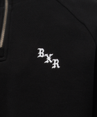 Black streetwear pullover with white embroidered gothic letters and a silver zipper detail