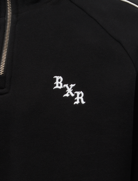 Black streetwear pullover with white embroidered gothic letters and a silver zipper detail