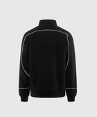 Black men's streetwear track jacket with white piping, back view