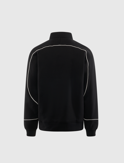 Black men's streetwear track jacket with white piping, back view