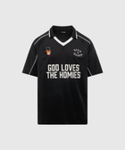Black short-sleeve streetwear jersey with 'God Loves The Homies' text, white trim, and graphic patches.