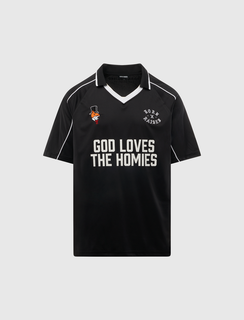 Black short-sleeve streetwear jersey with 'God Loves The Homies' text, white trim, and graphic patches.