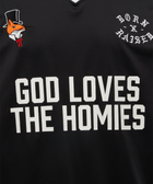 Black streetwear shirt with 'God Loves The Homies' text, fox logo, and 'Born x Raised' embroidery