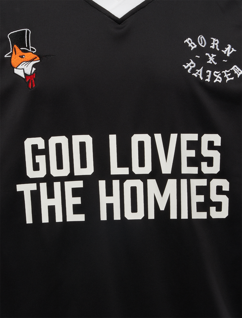 Black streetwear shirt with 'God Loves The Homies' text, fox logo, and 'Born x Raised' embroidery