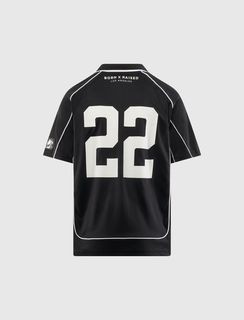 Black men's streetwear jersey with white number 22 and piping, Born X Raised Los Angeles text