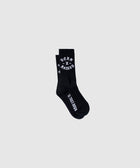 Black crew socks with white 'BORN X RAISED' text, streetwear men's apparel.