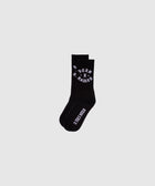 Black crew socks with white gothic text, men's streetwear accessory on neutral background