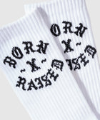 White ribbed crew socks with black gothic 'Born X Raised' text design
