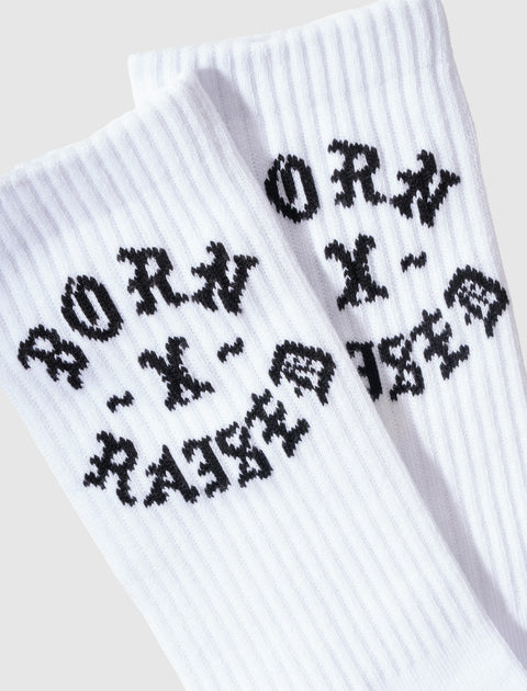 White ribbed crew socks with black gothic 'Born X Raised' text design