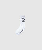 White crew sock with black Born x Raised lettering, streetwear apparel on light background