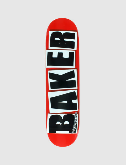 Red skateboard deck with large bold black and white BAKER lettering on clean background