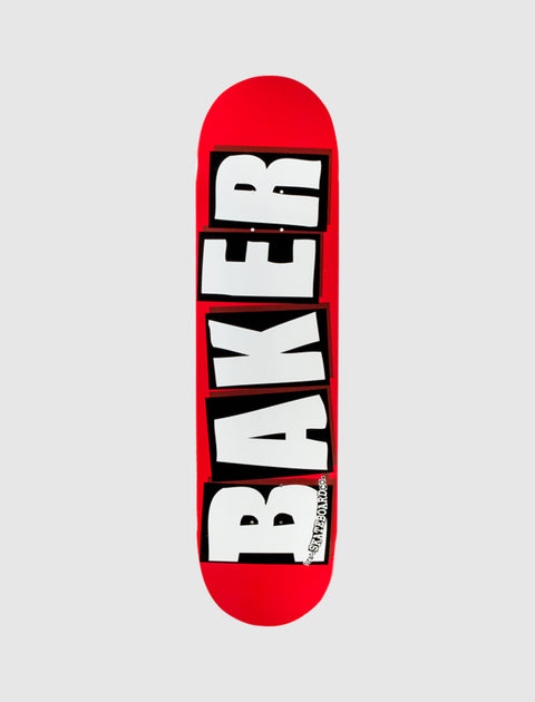 Red skateboard deck with bold white and black block lettering on a light background