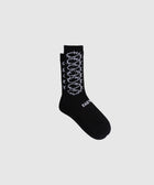 Black crew socks with white barbed wire graphic and text design on the side and foot