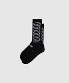 Black crew socks with white barbed wire graphic and text detail on side, streetwear style