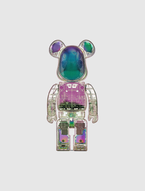 Transparent rainbow bear figure with visible internal circuitry, streetwear collectible toy