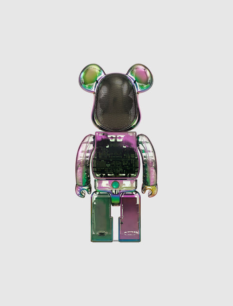 Iridescent bearbrick collectible figure with transparent body and circuit board details