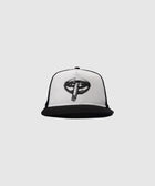Indigo trucker hat with black mesh and graphic of lips with a smoking cigar on the front panel