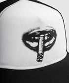 Black and white trucker hat with graphic of lips holding a rolled cigarette on the front panel.