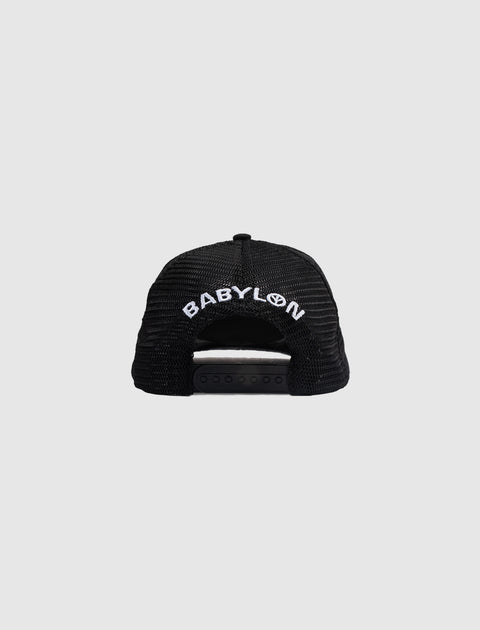 Back of black mesh trucker hat with white BABYLON embroidery and adjustable snapback