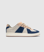 Men's low-top sneaker with blue suede and beige leather panels, beige laces, white sole