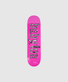 Pink skateboard deck with gothic black lettering and illustrated cat and dog details