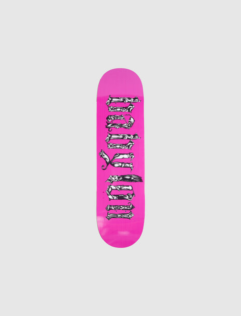 Pink skateboard deck with gothic black lettering and illustrated cat and dog details