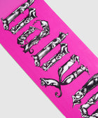 Pink skateboard deck with black and white animal and human letter graphic design