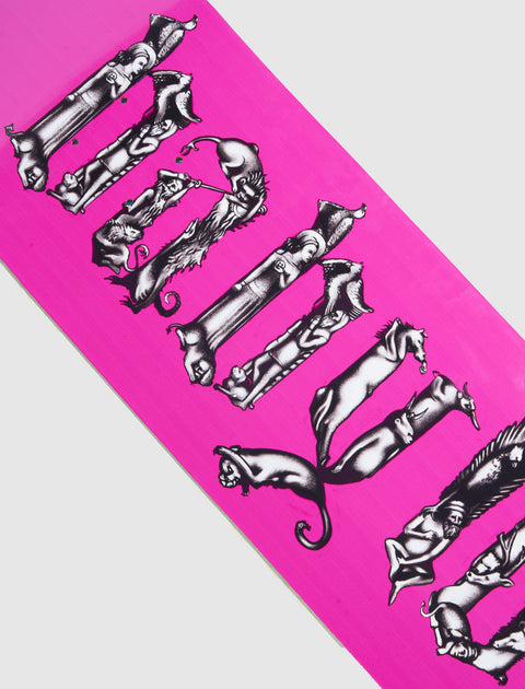 Pink skateboard deck with black and white animal and human letter graphic design