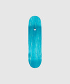 Blue wood grain skateboard deck with a minimalist design on a plain background