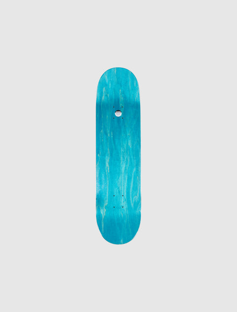 Blue wood grain skateboard deck with a minimalist design on a plain background