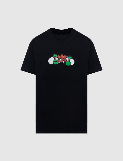 Black streetwear t-shirt with colorful skateboard graphic and APB text on chest