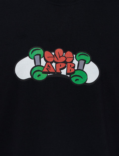 Black streetwear shirt with colorful APB graphic and cartoon-style artwork on chest