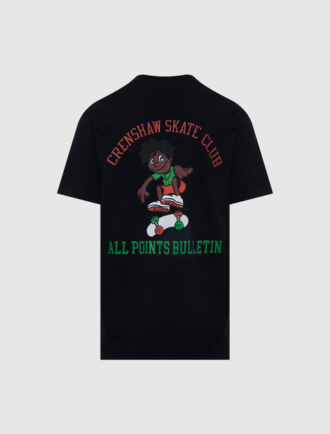 Black streetwear t-shirt with cartoon skateboard graphic, Crenshaw Skate Club and All Points Bulletin text