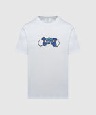 White streetwear t-shirt with blue graffiti graphic text on chest