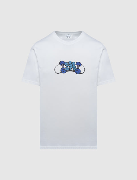 White streetwear t-shirt with blue graffiti graphic text on chest