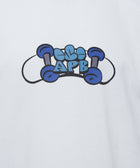 White streetwear shirt with cartoon blue graphic and APB text on chest