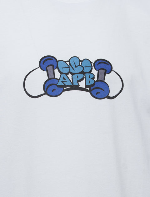 White streetwear shirt with cartoon blue graphic and APB text on chest