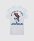 White Crenshaw Skate Club t-shirt with cartoon skater graphic and bold blue text on back
