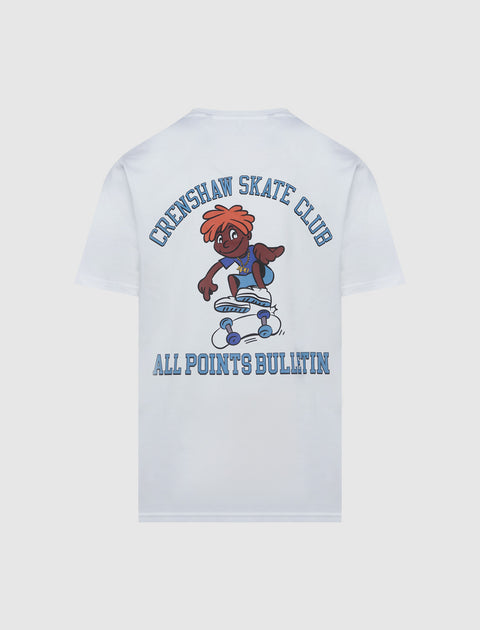 White Crenshaw Skate Club t-shirt with cartoon skater graphic and bold blue text on back