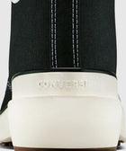 Closeup of black high-top sneaker heel with white stitched canvas and rubber sole