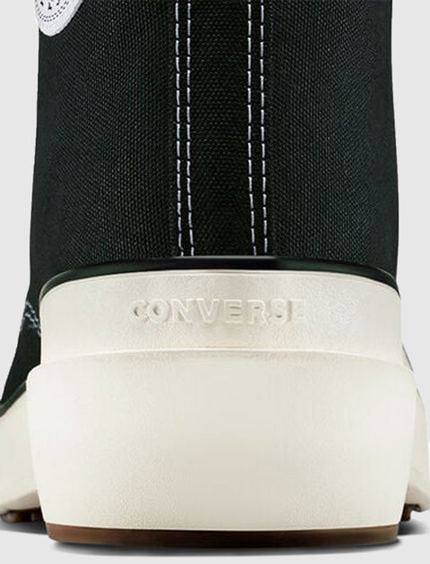 Closeup of black high-top sneaker heel with white stitched canvas and rubber sole