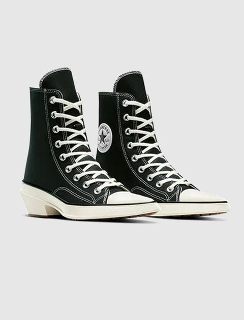 Black and white high-top canvas sneakers with white laces and rubber soles, streetwear style.