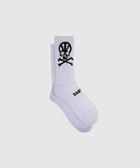 White crew socks with black skull and crossbones graphic and text design on the side
