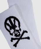 White ribbed crew socks with black skull and crossbones graphic, streetwear accessory