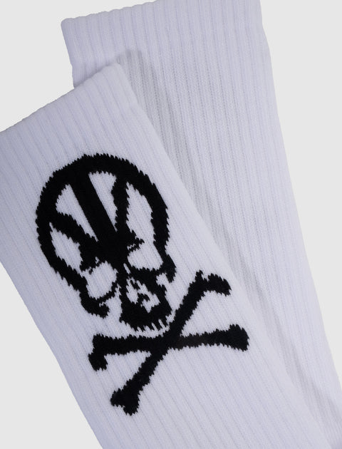 White ribbed crew socks with black skull and crossbones graphic, streetwear accessory